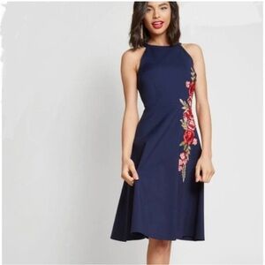 Liz Luxe by Mod Cloth Navy Sleeveless Halter Neck A Line Embroidered Dress Midi